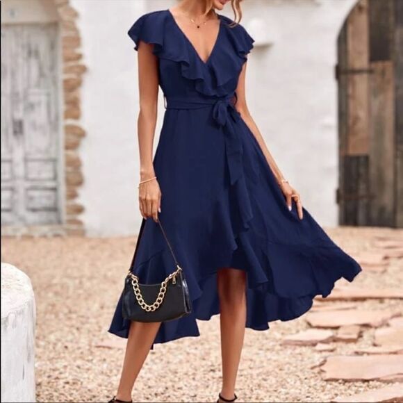 New Navy Blue V Neck Cap Sleeve Ruffle Hem Belted Wrap Midi Dress - Picture 7 of 7